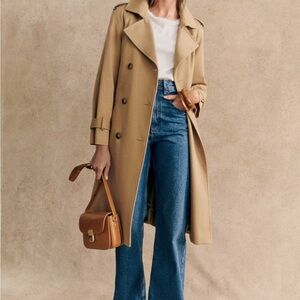 Sezane Scott Style Double Breasted Camel Belted Trench Coat